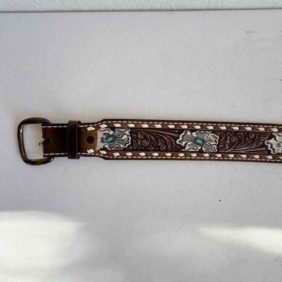 Vintage Tony Lama 48788 KAREN Tooled Leather Western Belt Turquoise Flower Sz32 main image 7
